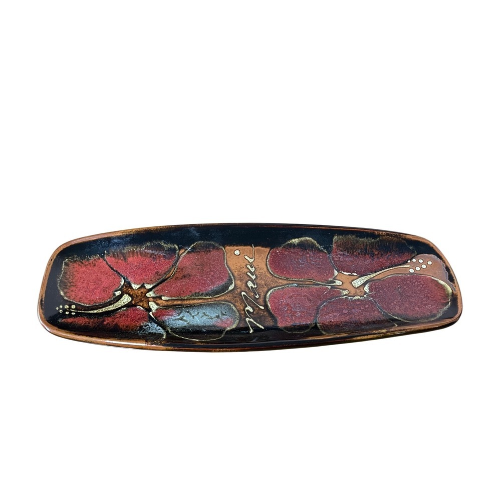 Vintage Nancy Maui Hawaiian Pottery Earthenware Art Rich Burgundy Oblong Dish